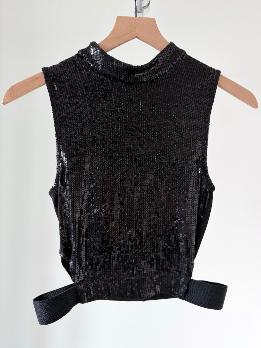 BCBGeneration Sleeveless Sequined Cutout Mock Neck Top in Black